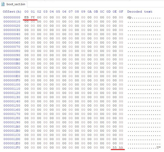 The while(true) of x86-assembly shown in binary form. The HxD hex editor was used to view the binary file